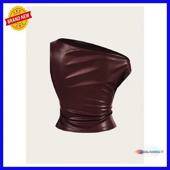 Off Shoulder PU Leather Tank Top Slim Fit Crop Y2K Clubwear - Picture 4 of 6